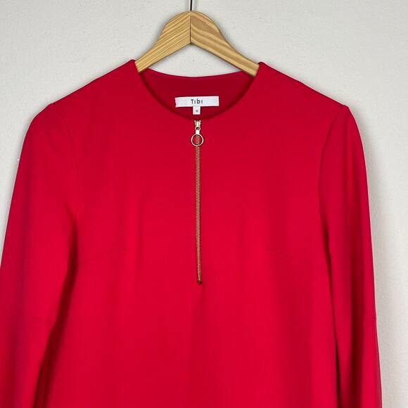 Tibi Red Bell Sleeve Sheath Dress Size 0 Ponte Knit Round Neck Knee Length - Picture 2 of 6